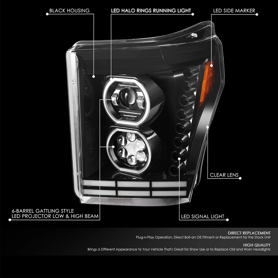 Fit 11-16 Ford F-250 Super Duty Black Housing Amber Corner Projector Headlights - Image 2 of 4