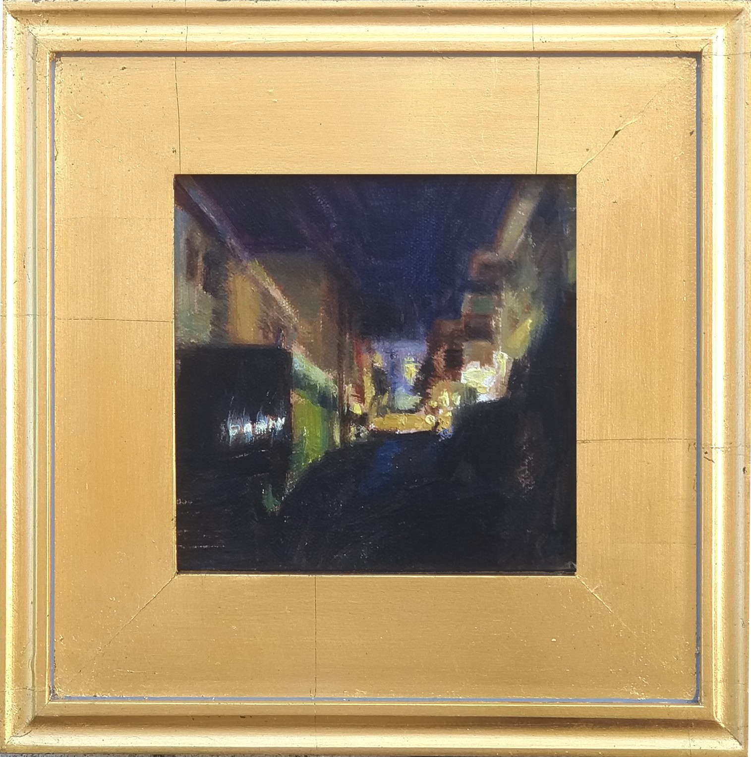 Pintura al óleo original de Los Ángeles Nocturne 6x6 callejón nocturno paisaje urbano arte enmarcado