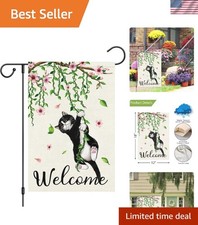 Delightful 12x18 Double-Sided Burlap Garden Flag with Black Cat and Flowers