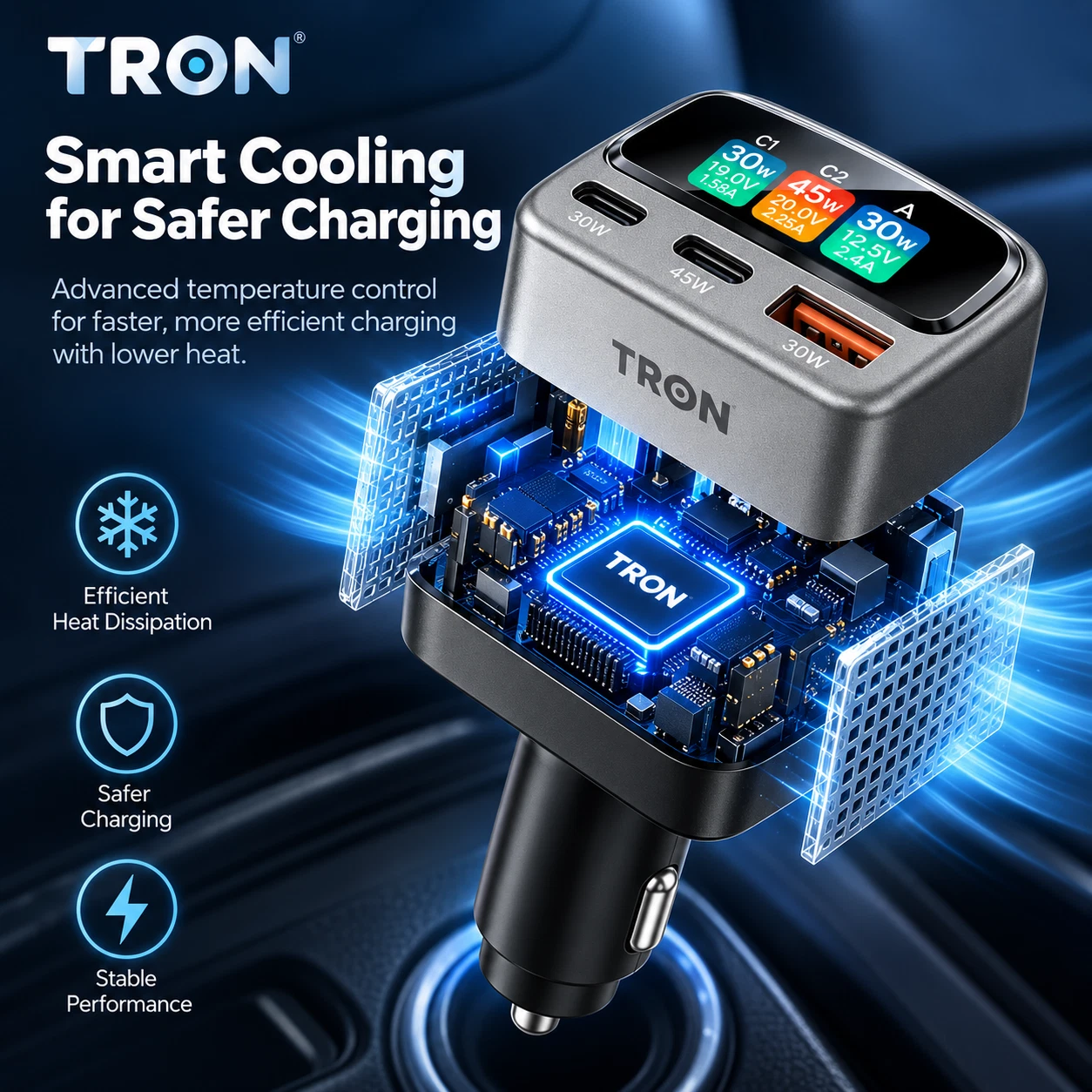 TRON 105W 3-Port Car Charger with Smart TFT Display, USB-C & USB-A Fast Charging - product detail image 6