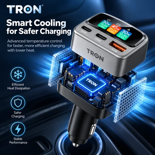 TRON 105W 3-Port Car Charger with Smart TFT Display, USB-C & USB-A Fast Charging image 6