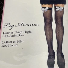 Hold-Up White Ribbon Black Fishnet Stockings One Size (90-165 lbs)