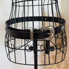 Vtg Omega Black Leather Western Belt Engraved Silver Buckle Turquoise Conchos-M