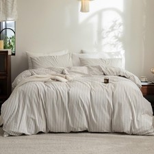 Striped Duvet Cover Set 100 Washed Cotton Linen Feel Super Soft Breathable Cozy