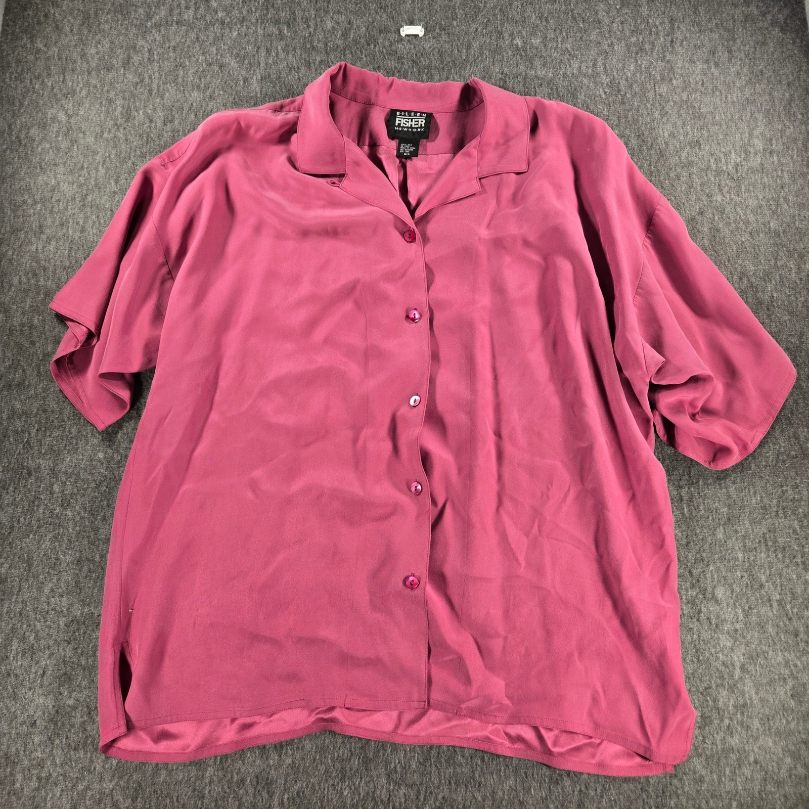 Vintage Eileen Fisher Silk Blouse Womens M/L Pink Short Sleeve Button Up Shirt