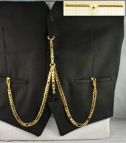 Double Albert pocket watch chain w/ sphere-detail t-bar; various finish options - Picture 8 of 29