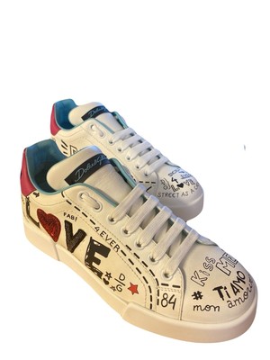 Dolce &gabbana Baskets Cuir Blanc '' Amour '' Graffiti