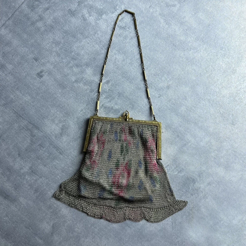 Gorgeous Antique 1920s Whiting & Davis Flapper Purse Floral Mesh Bag w/ Mirror - Image 3 of 4