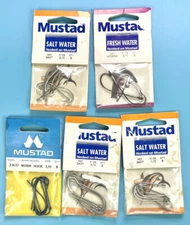NEW Vintage MUSTAD HOOKS Lot of 5 SALTWATER 1/0, 2/0, 4/0 Freshwater 3/0 + Worm