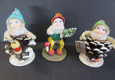 Chenille Pinecone Pixie Elf spun cotton vtg Christmas Ornaments 1950's JAPAN lot