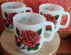 3 Vintage GLASBAKE Language Of Flowers Milk Glass Stacking Cups Rose Mugs  — photo 3