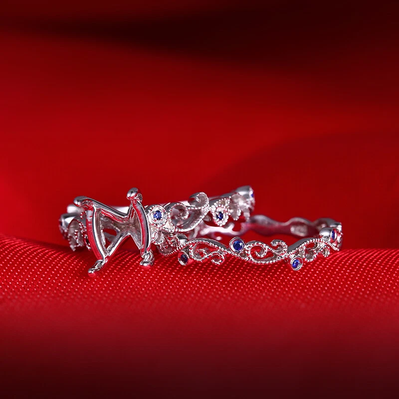 Wedding 0.14CT Sapphires Ring Sets Silver 925 Cushion/Emerald 9x7mm Semi Mount - Image 3 of 4