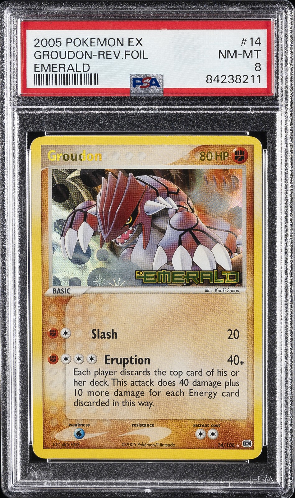 2005 POKEMON EX EMERALD #14 GROUDON-REVERSE FOIL PSA 8