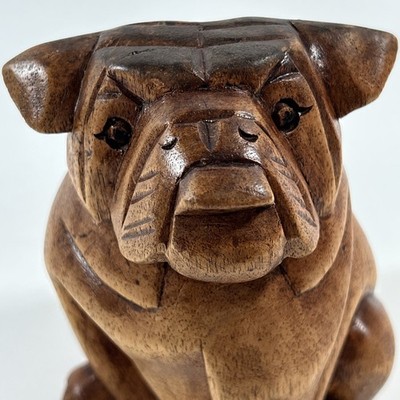 Vintage ARTISAN CRAFTED Hand-Carved Wood Bulldog Figure 4 1/2 By 3 1/2 