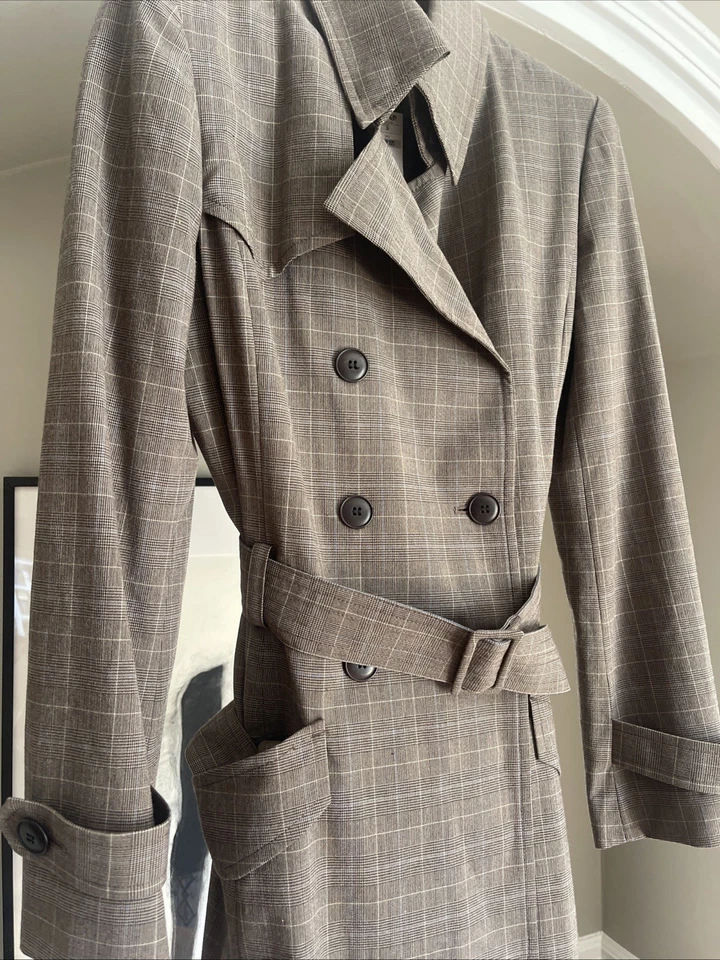 NEW Stylish Kenneth Cole Women's Brown Teal Plaid Belted Trench Coat Sm $239 NWT - Image 2 of 4