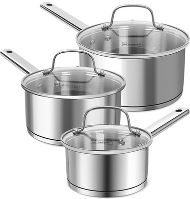 Saucepan Set 3 Sizes, Stainless Steel Sauce Pan with Lid, Tri-Ply Bottom Sauc...