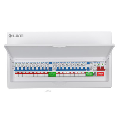 24 Wege Split Load Board c/w 125A Hauptschalter, 2 x 63A 30ma RCD, 17 x MCBs, SPD