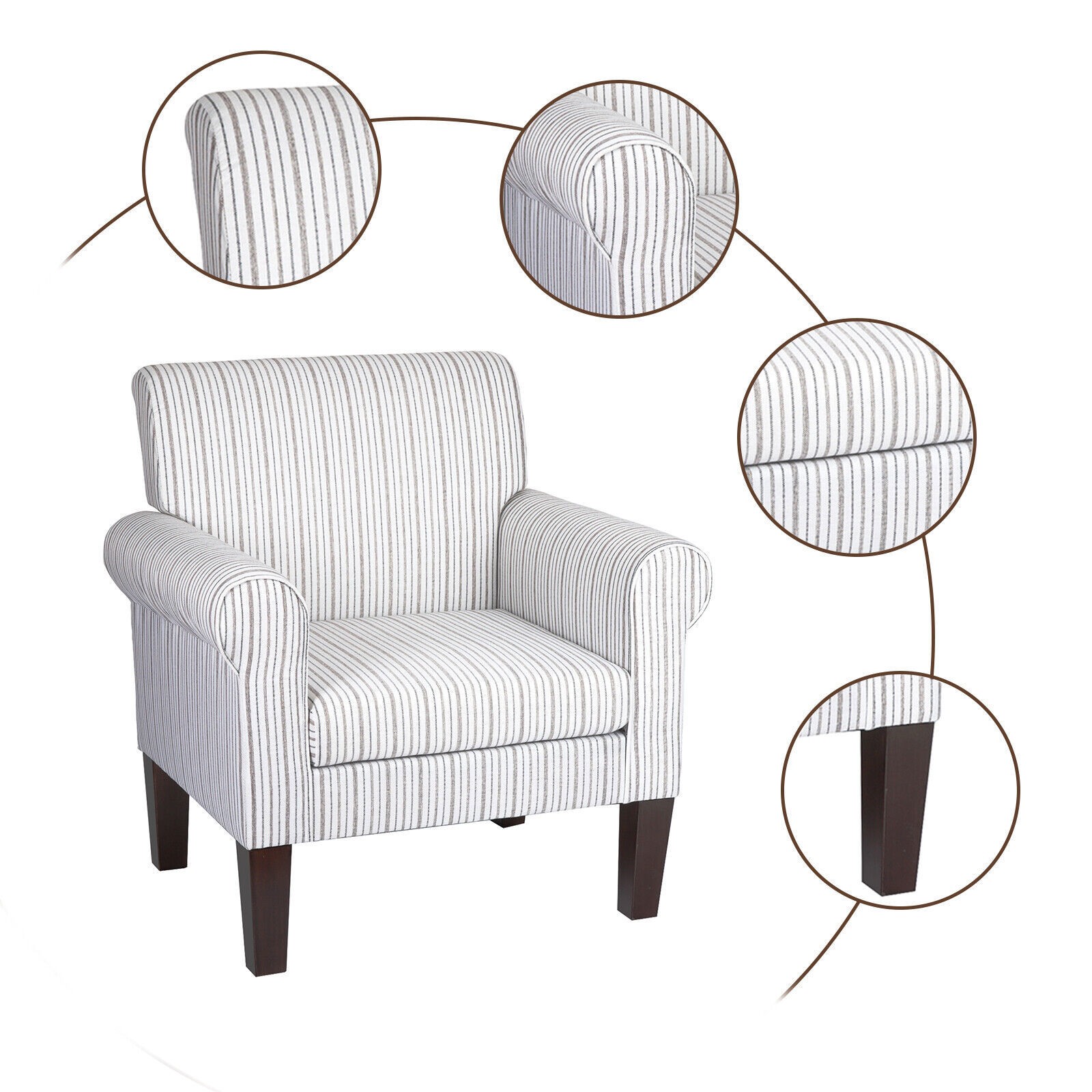 S Stripe&checkered Comfy Upholstered Sofa Chair W/retro Wood