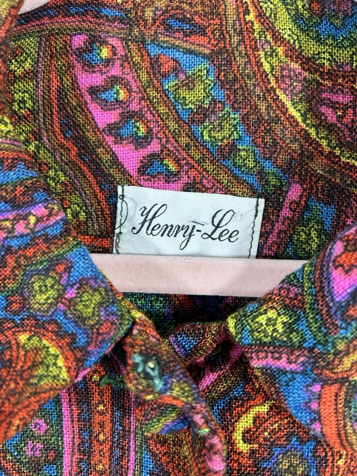 Blazer vintage de lino para mujer Henry Lee años 70 talla S estampado cachemir colorido hippy Foto 3 de 4