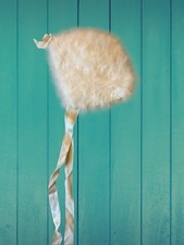 Antique 1920s White Mohair Baby Bonnet Woven Ribbon Ties And Trim Bow Detail