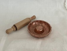 Vintage Dollhouse Mini Round Metal Baking Pan and Wood Rolling Pin 2" Tall