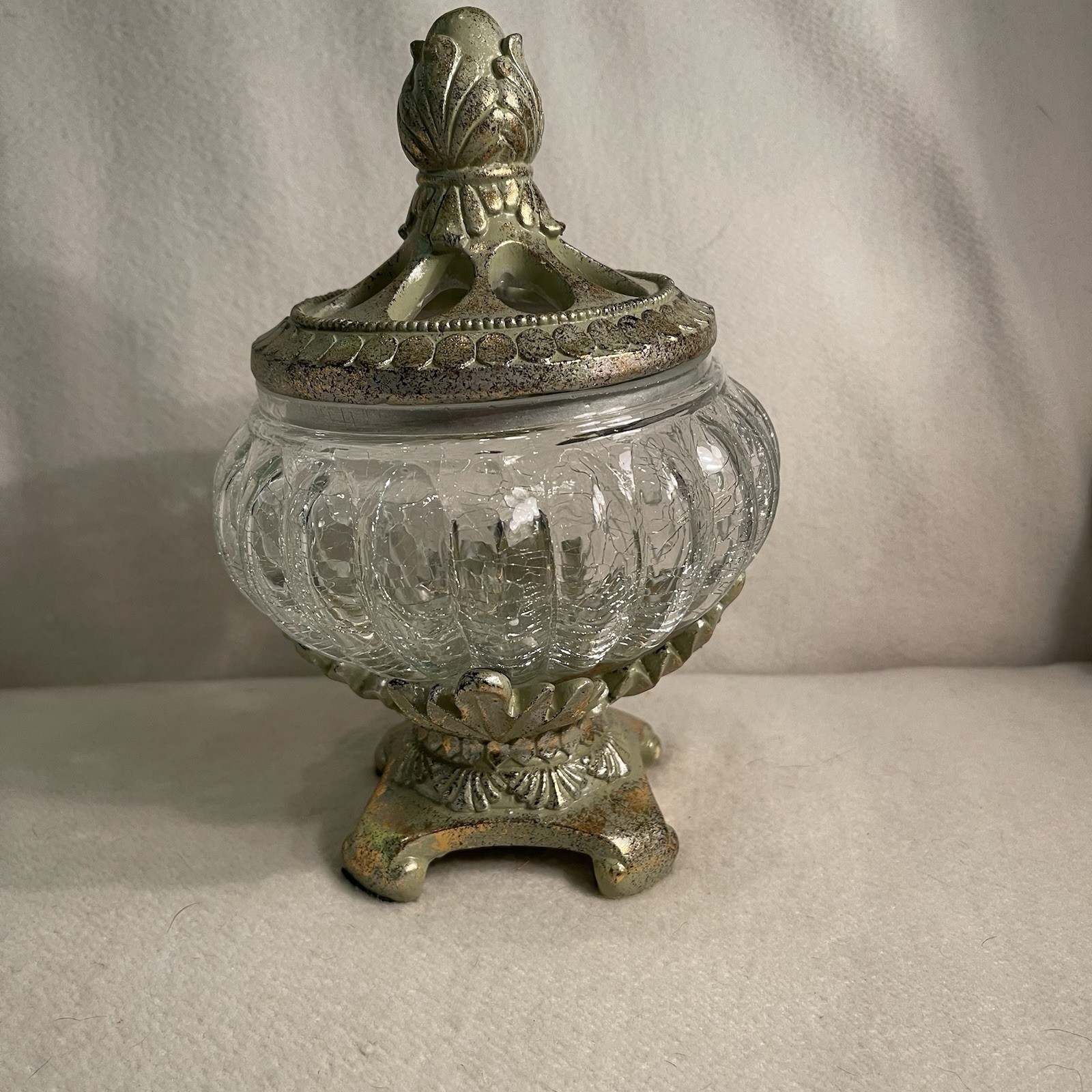 Vintage Clear Crackle Glass Potpourri Bowl with Champagne Accents