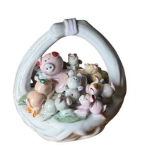 Vintage Ceramic Pig Family in Basket Figurine Hand Painted Sow and Piglets Decor