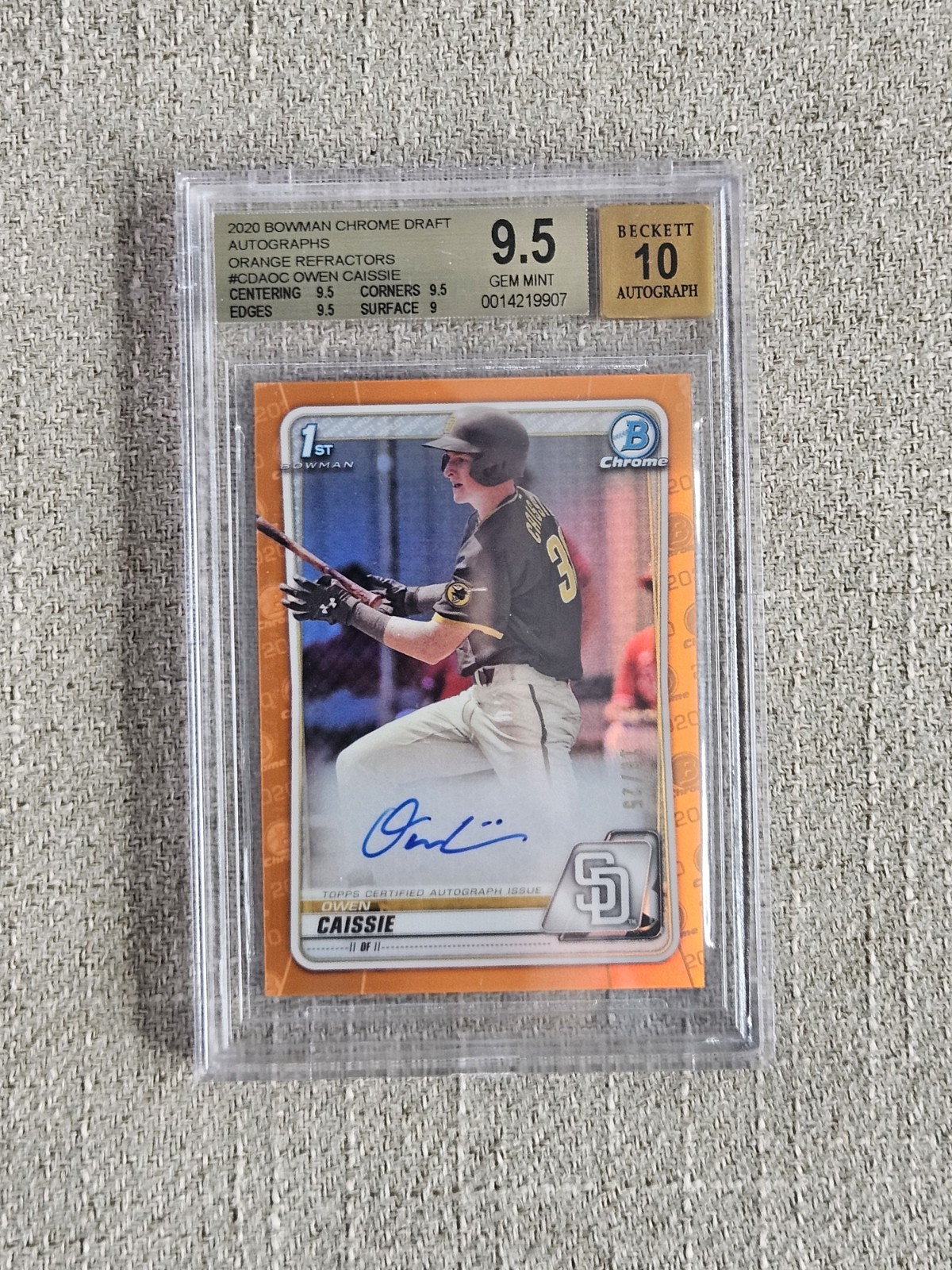 2020 Bowman Draft Chrome Owen Caissie 1st Orange Refractor /25 Autograph BGS 9.5