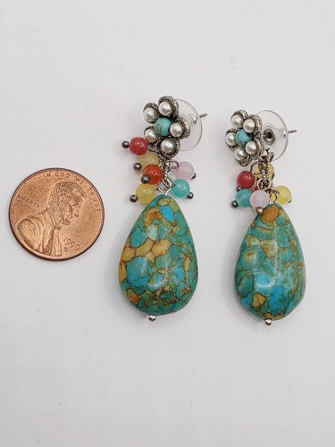 Fabulous Faux Turquoise Beaded Chunky Dangle Earrings New On Card - Picture 4 of 7