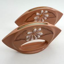 MCM Mauve Pink Lava Flower Vases Pair Hand Painted Leaves 4" Vintage