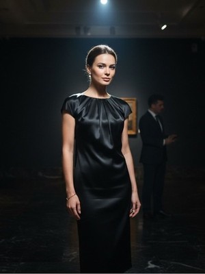 No Comment Black Satin Pleated Neck Belted Midi Shift Dress Size 12