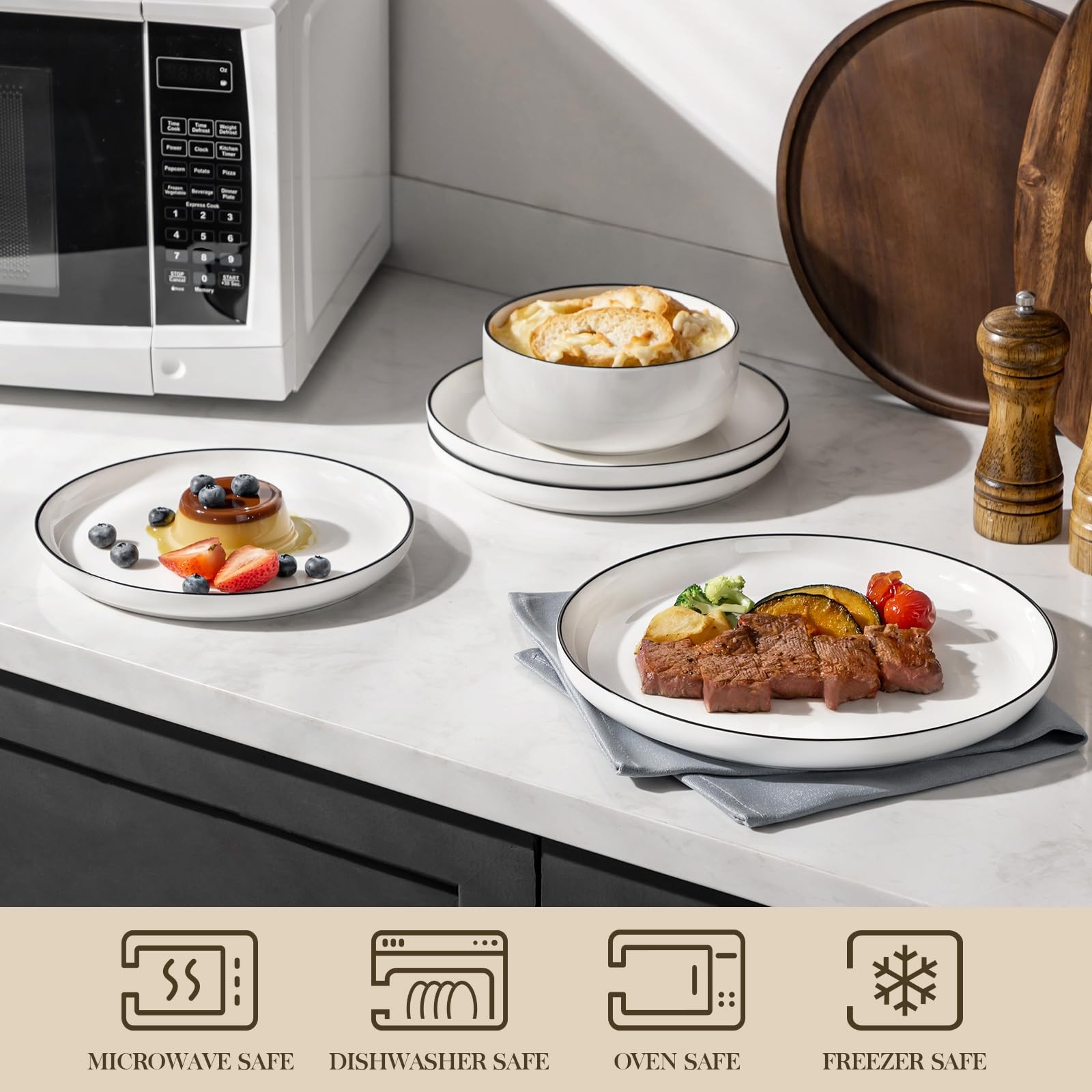 Plates and Bowls Sets, 12 Pieces Modern Porcelain Dinnerware Set for 4 White ...