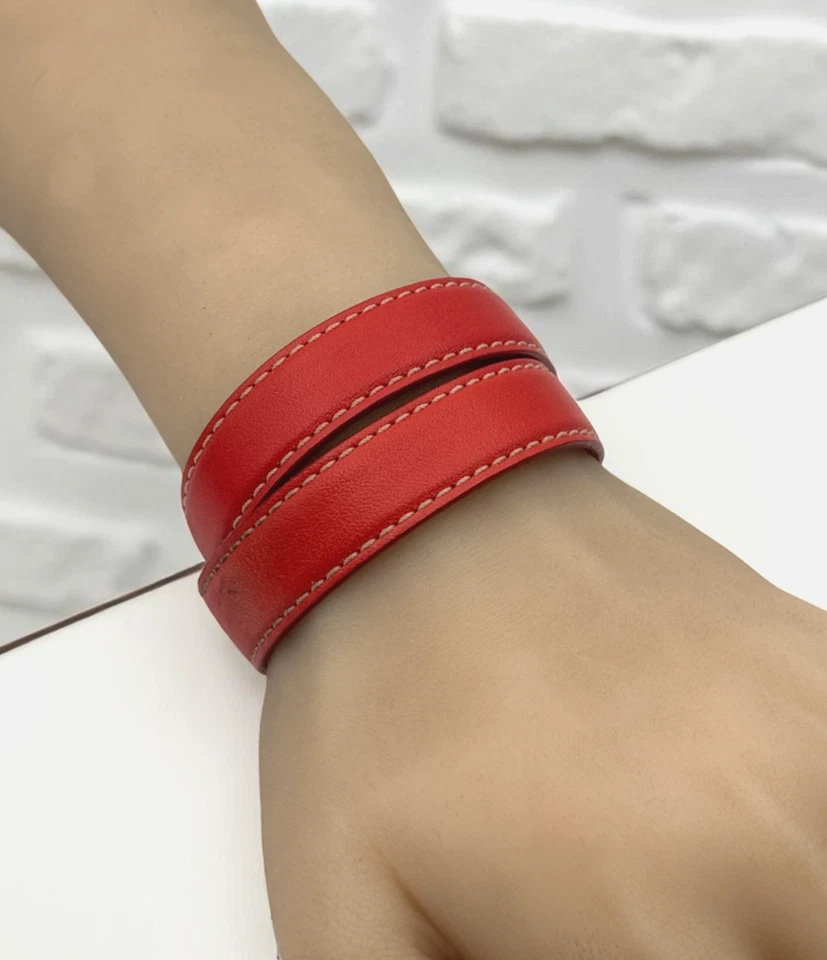 Brazalete Coach Vintage Script Doble Envoltura Plata Bermellón Rojo Naranja Cuero Foto 3 de 3