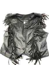Womens STEER BRAND Black Biker Leather Vest Fringe Size L Made in USA