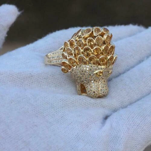 Anillo redondo de diamantes y morganita melocotón de 3 quilates con cabeza de león de oro amarillo de 14 quilates FN Foto 4 de 4