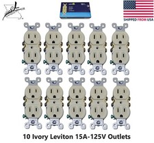 10 Leviton Ivory Outlets 15A-125V 3 Prong Wall Duplex Grounded Plug Made In USA