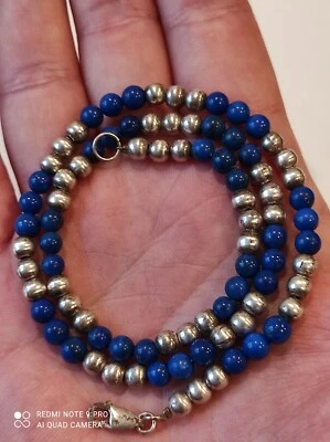 Ancien collier boules en argent massif et lapis-lazuli - Photo 1/4
