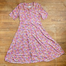 Vintage Floral Print Midi Dress Size Medium 1980s Colorful Button Down Frock