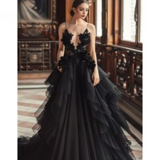 Black Boho Wedding Dress 3D Floral Appliques Ruffle A Line Gothic Bridal Dresses