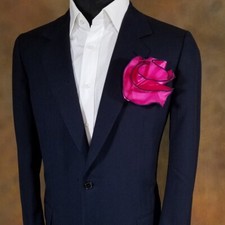 NEW - Men's 2-in-1 Pouf Round Pocket Square - Fuchsia Pink Satin with Navy Trim