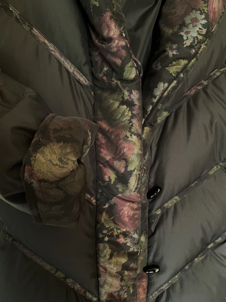 Bill Blass Goose Down Maxi Coat Black & Floral Trim 80’s Rare HTF Size 14 LNWOT - Image 3 of 4