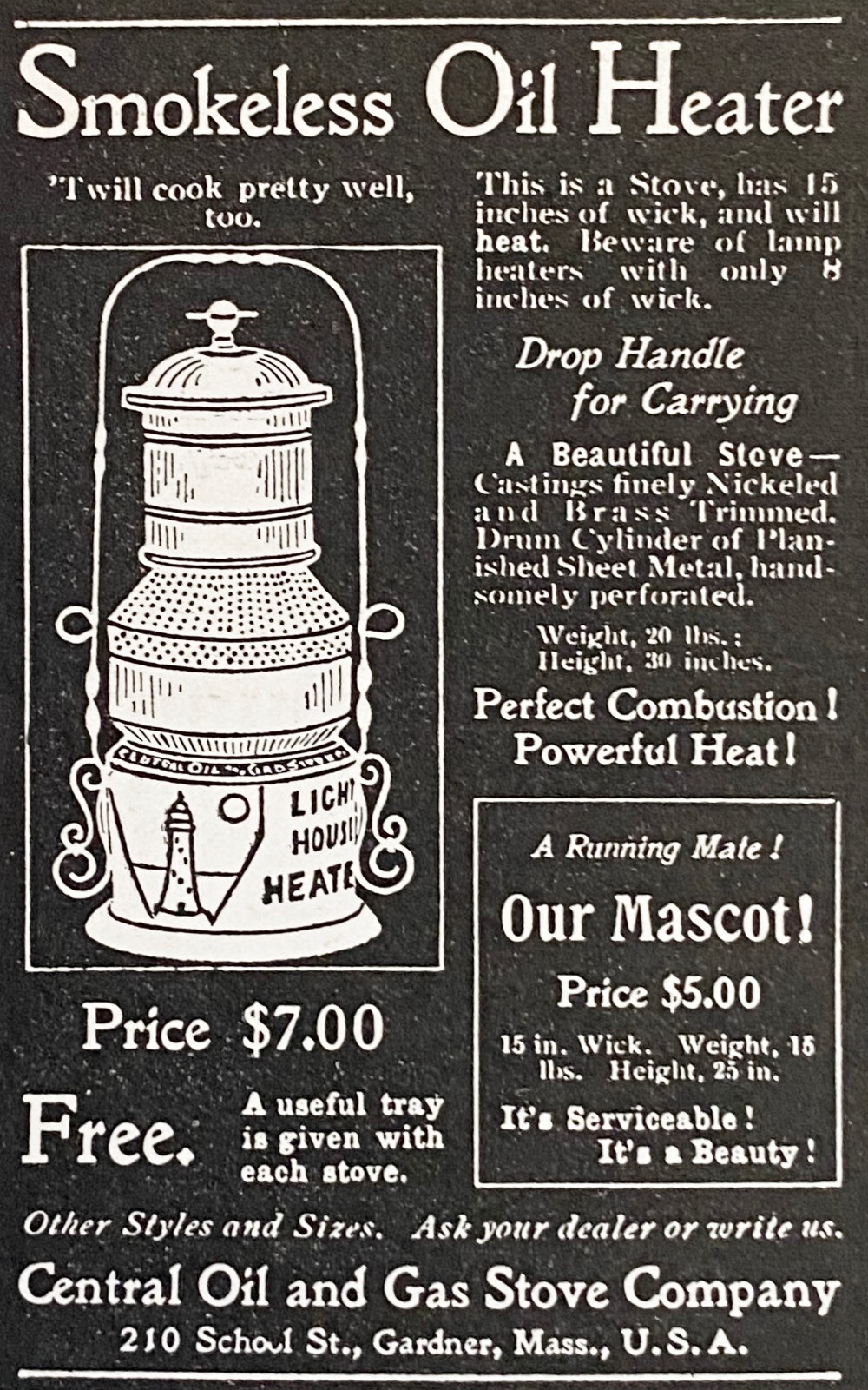 1900 Light House SMOKELESS OIL HEATER Print Ad~Central Gas Stove Co Gardner,Mass