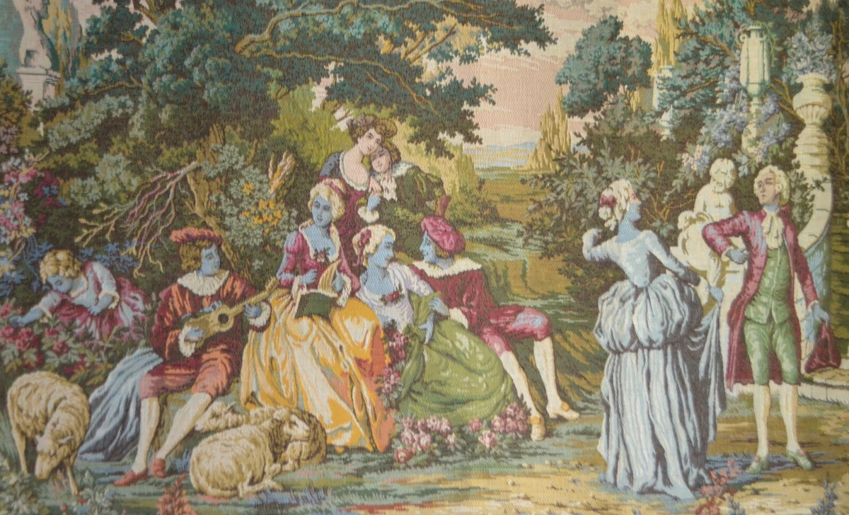 VTG Gobelin Belgium Wall Tapestry ERROR BLUE FACES Music Dancing Rococo  35x27