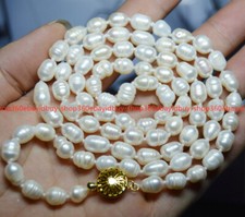 Genuine Natural 35 Inches 8-9mm White Cultured Rice Baroque Pearl Necklace