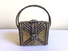 Vtg Mary Frances Beaded Chain Strap Gold Woven Metal Haedshell Square Purse