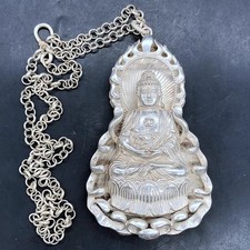 Old Tibetan Silver Carving  Guanyin Buddha pendant with chain
