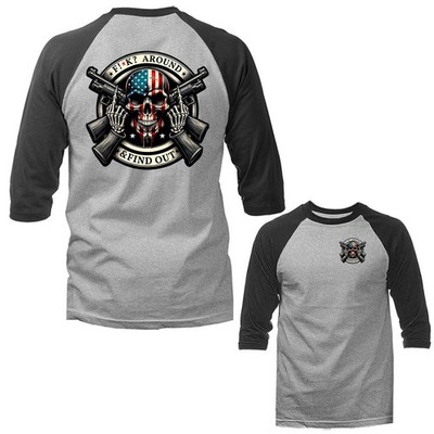 F Around & Find Out Fighting Skull American Flag Biker 3/4 Sleeve Raglan