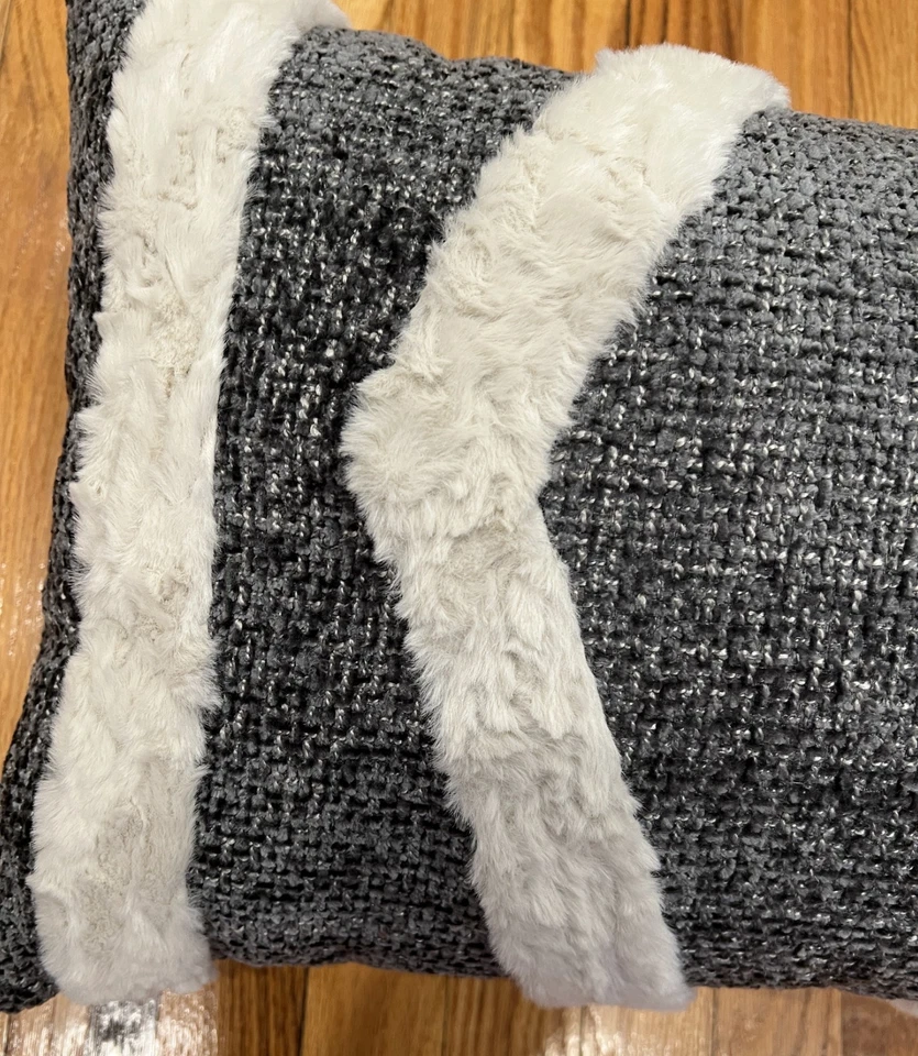 Black Textured Cloth Lumbar Throw Pillow with Faux fur Geometric Design - Image 3 of 4