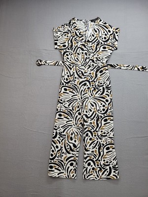 Fred David Women Jumpsuit S Multicolor Print Short Sleeve V Neck Belted Workwear