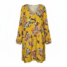 Terra & Sky Yellow Floral V-Neck Babydoll Dress Plus 1X 16W-18W
